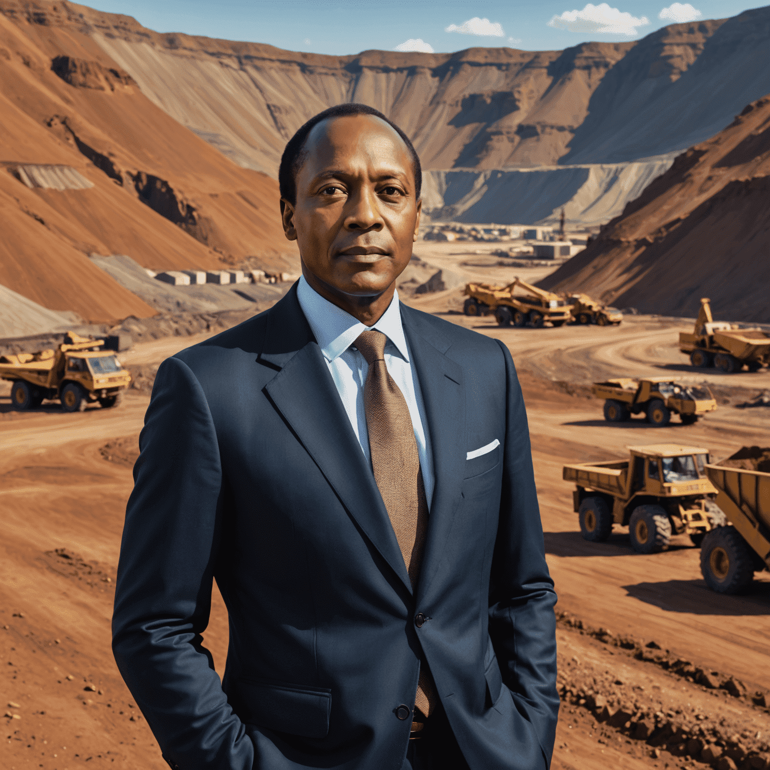 Patrice Motsepe standing confidently in a business suit, with a backdrop of a mining operation, symbolizing his journey from humble beginnings to mining magnate