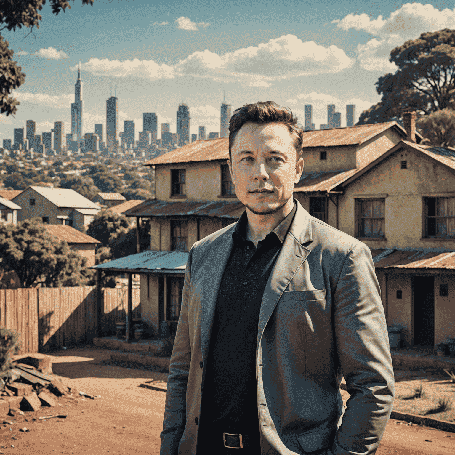 Young Elon Musk in Pretoria, South Africa, standing in front of his childhood home with a backdrop of the city skyline