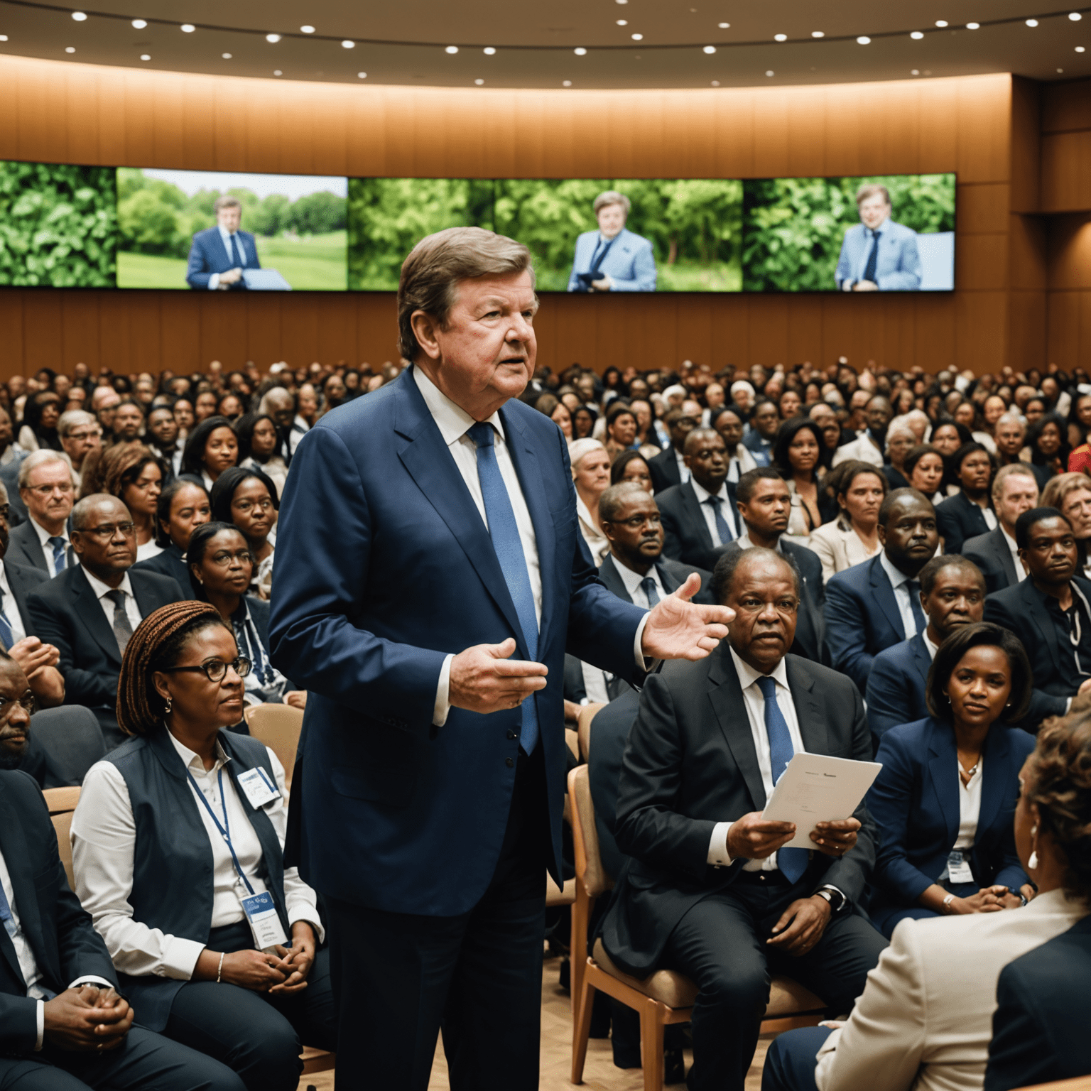 Johann Rupert speaking at a philanthropic event, addressing a diverse audience in a modern conference hall. The image showcases Rupert's commitment to social causes and his influence in South African society.