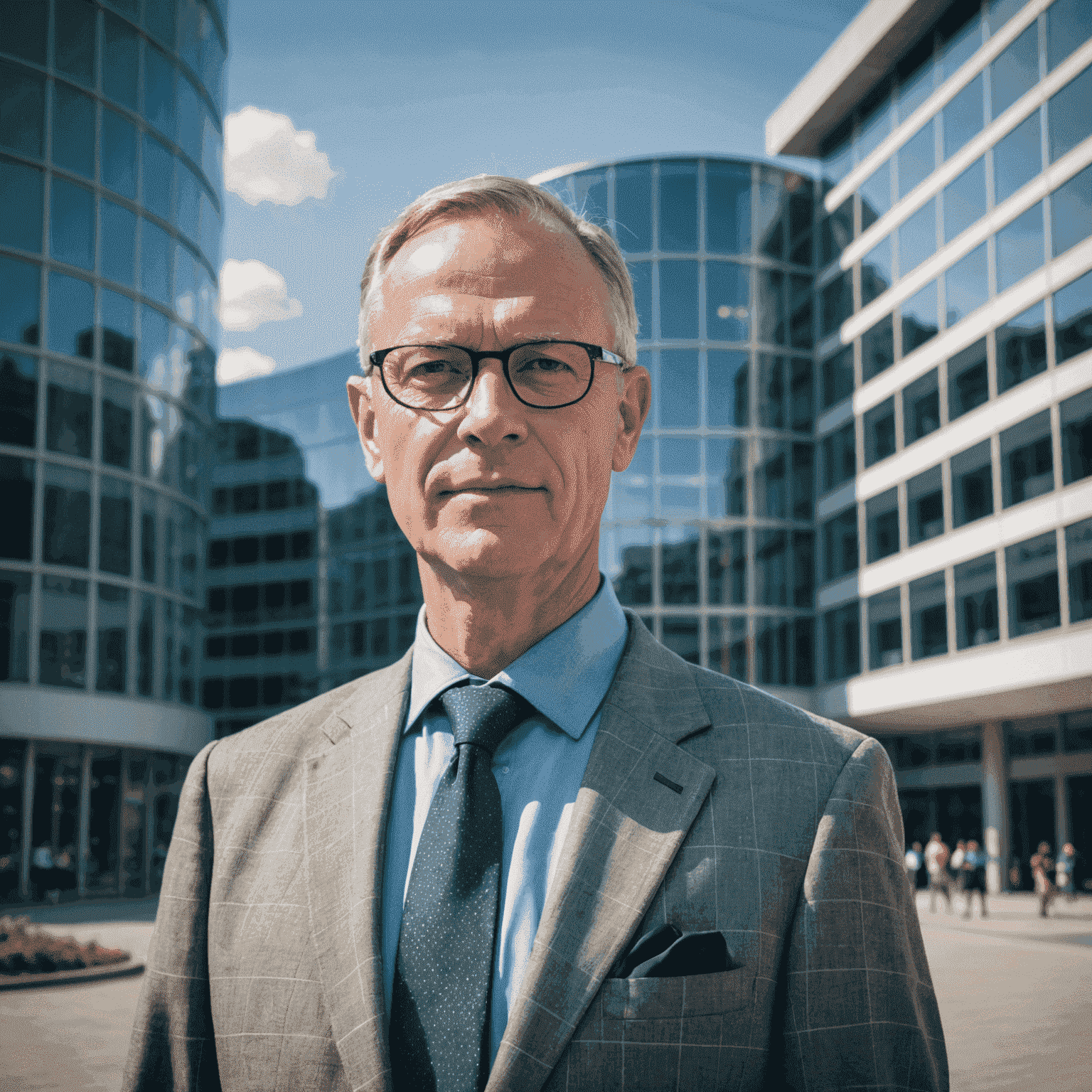 Koos Bekker standing in front of Naspers headquarters, a modern glass building symbolizing technological advancement