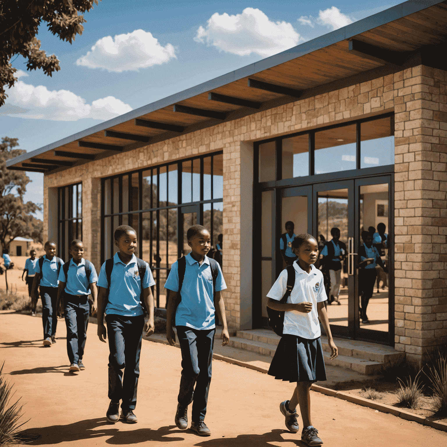 A newly built school in a rural South African area, funded by Johann Rupert's philanthropic efforts. Students are seen entering the modern facility, symbolizing hope and opportunity.