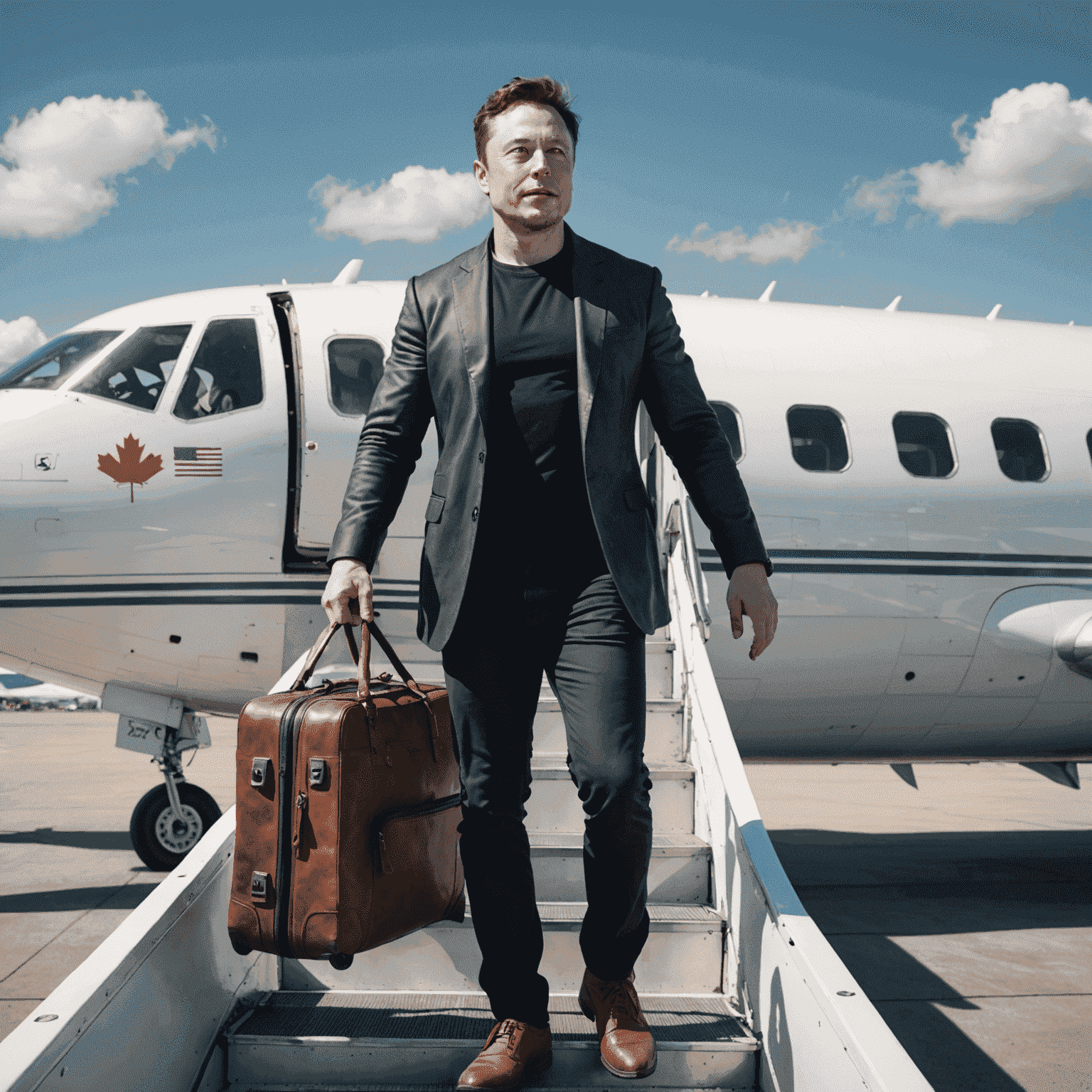 A young Elon Musk boarding a plane, symbolizing his departure from South Africa to Canada, with a mix of determination and anticipation on his face