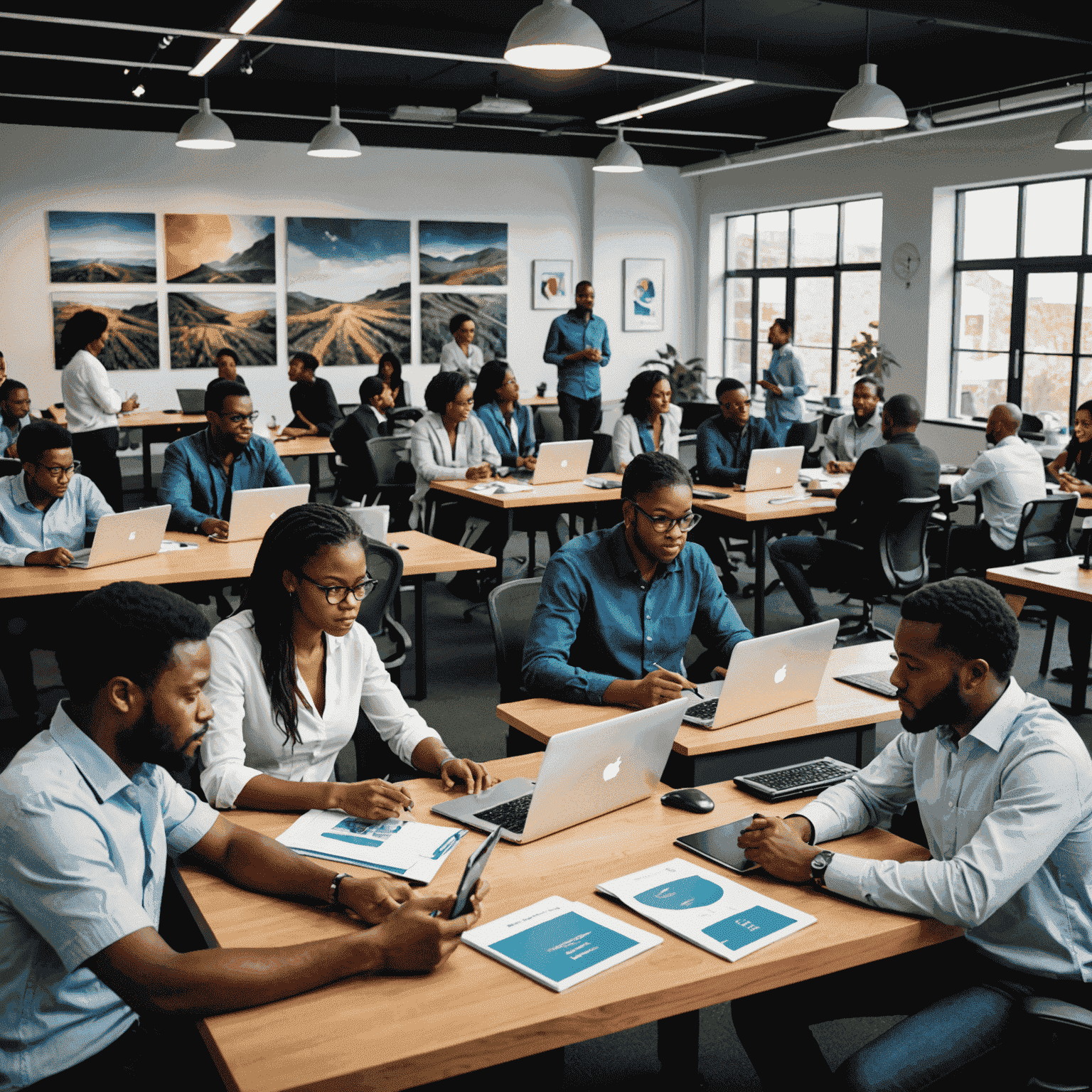 A bustling entrepreneurship incubator space funded by Johann Rupert, showing diverse young South African entrepreneurs working on their startups, collaborating, and receiving mentorship.